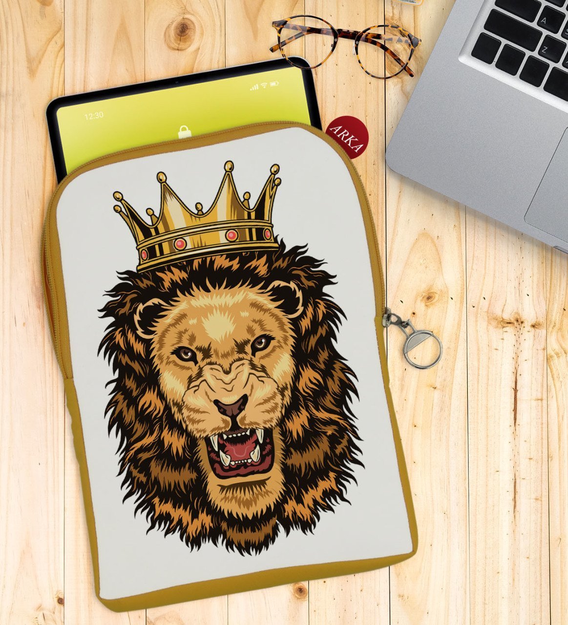 BK Gift Aslan Tasarımlı Taşınabilir Koruyucu Tablet Kılıfı & Organizer Çanta - Sarı-1