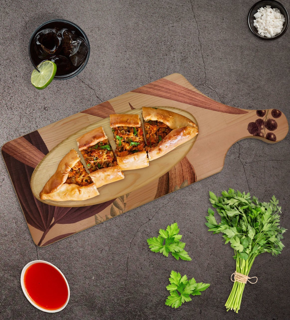 BK Gift Çiçekler Tasarımlı Dikdörtgen Şeklinde Doğal Ahşap Servis ve Sunum Tabağı Model 3