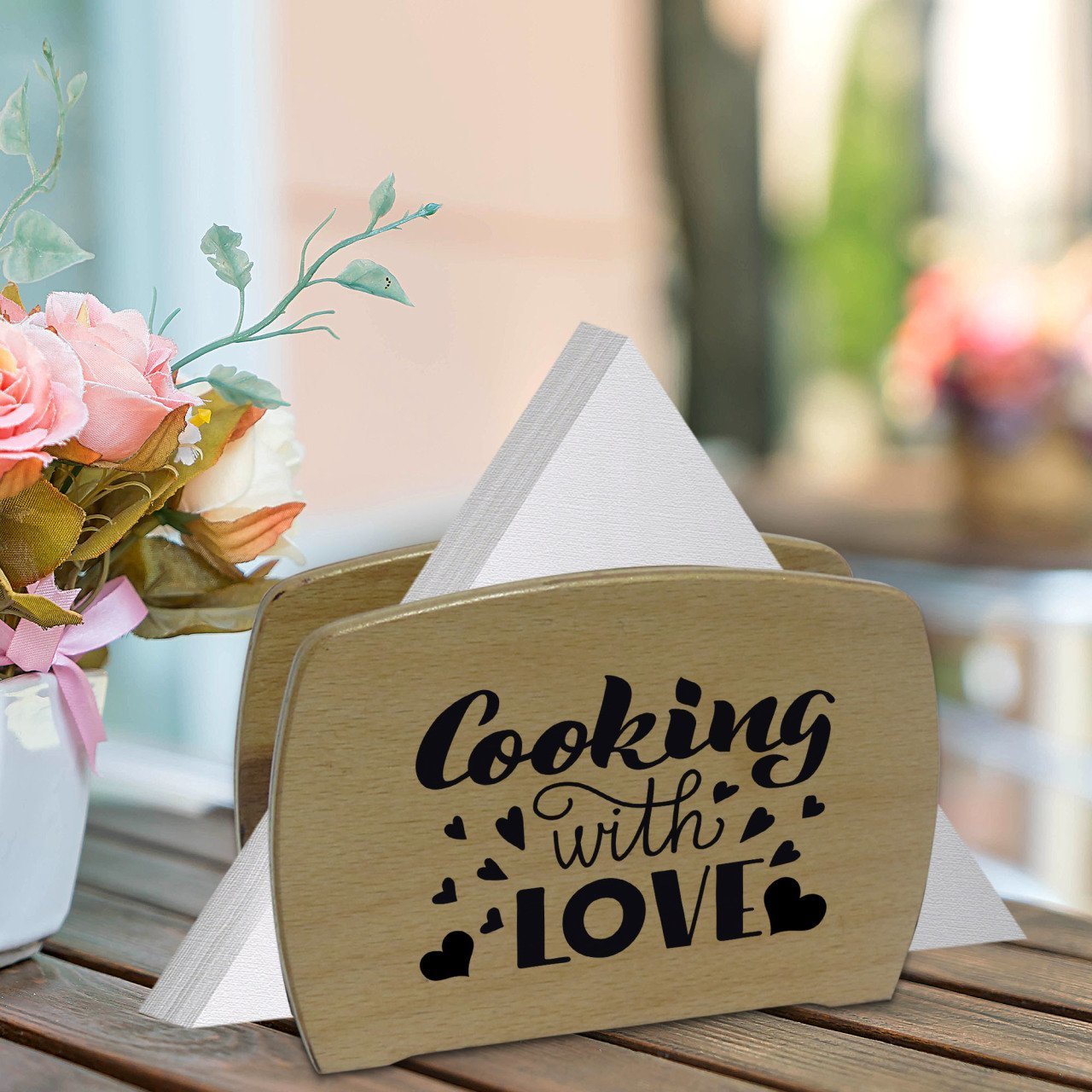 BK Gift Cooking With Love Tasarımlı Lüks Ahşap Peçetelik-1