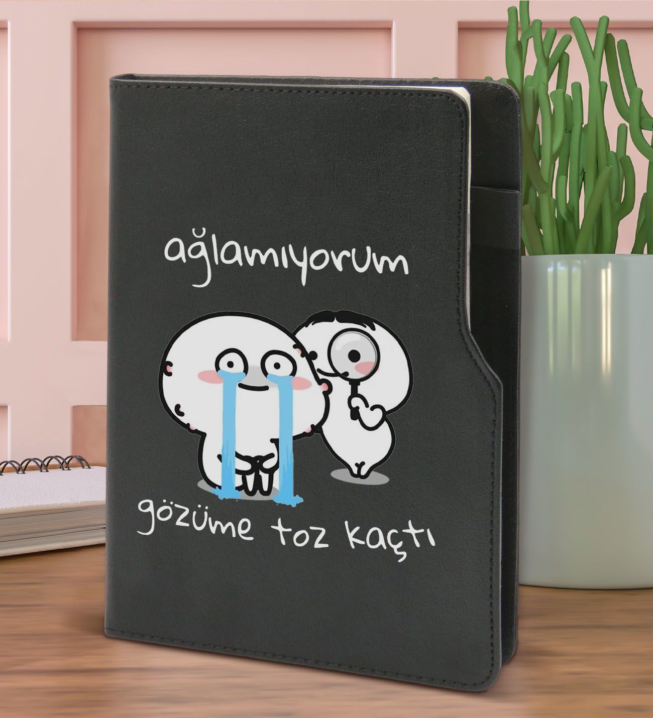 BK Gift Gözüme Toz Kaçtı Tasarımlı Siyah Termo Deri Not Defteri 15x21cm-1