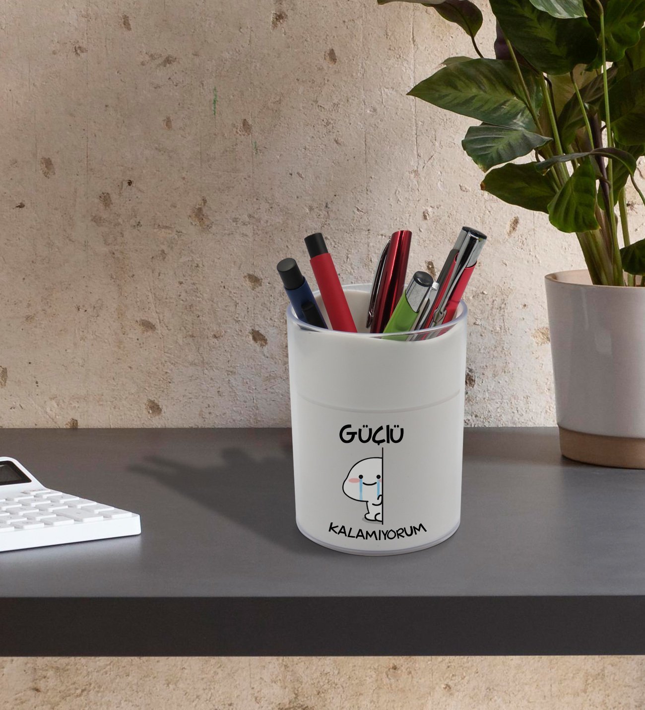 BK Gift Güçlü Kalamıyorum Tasarımlı Beyaz Akrilik Kalemlik - Model 1