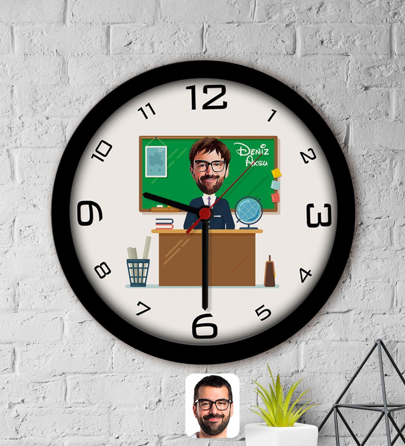 BK Gift Kişiye Özel Coğrafya Öğretmeni Karikatürlü Ahşap Duvar Saati-2