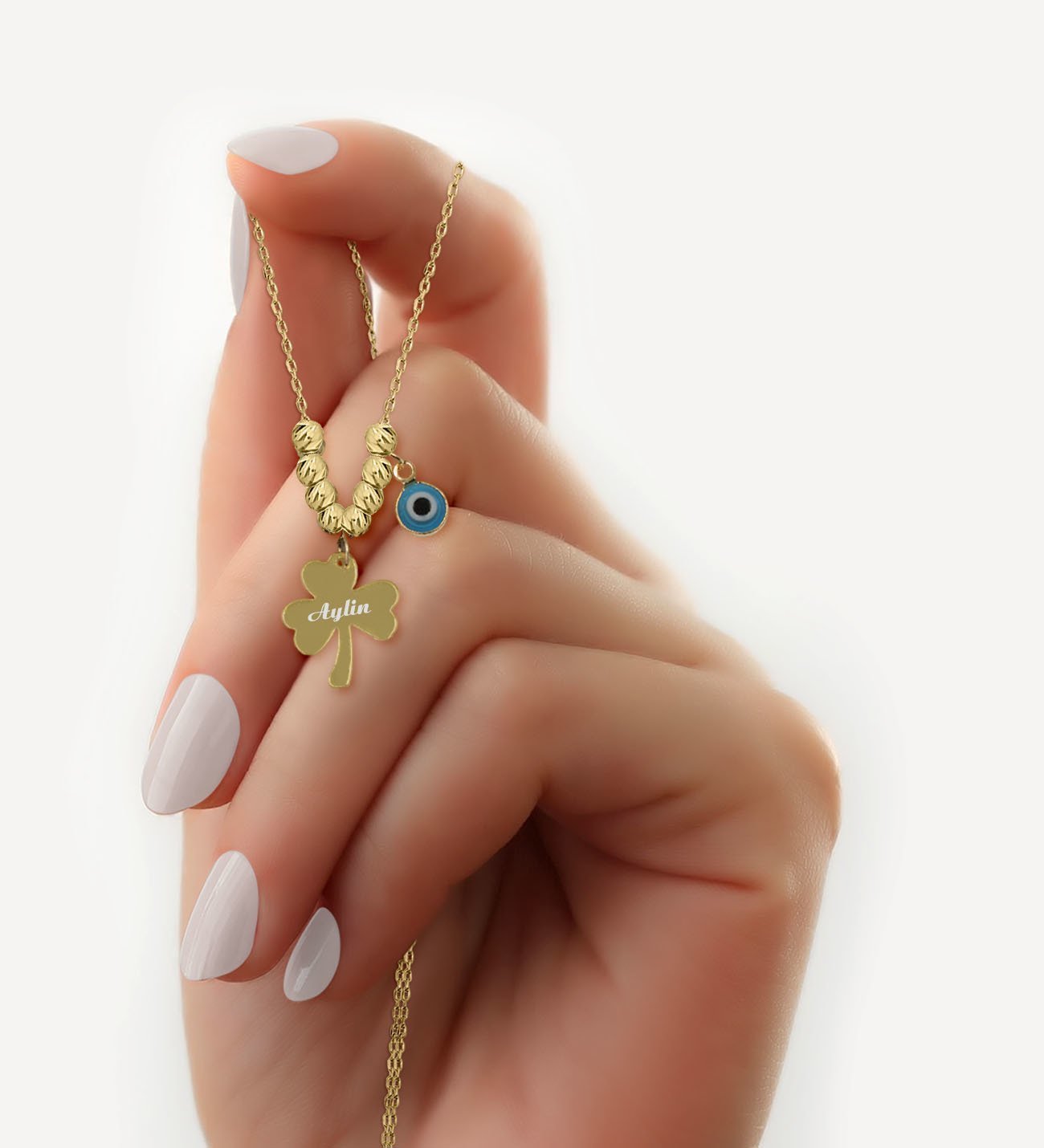 BK Gift Kişiye Özel İsimli Nazar Boncuklu Gold Yonca Kolye