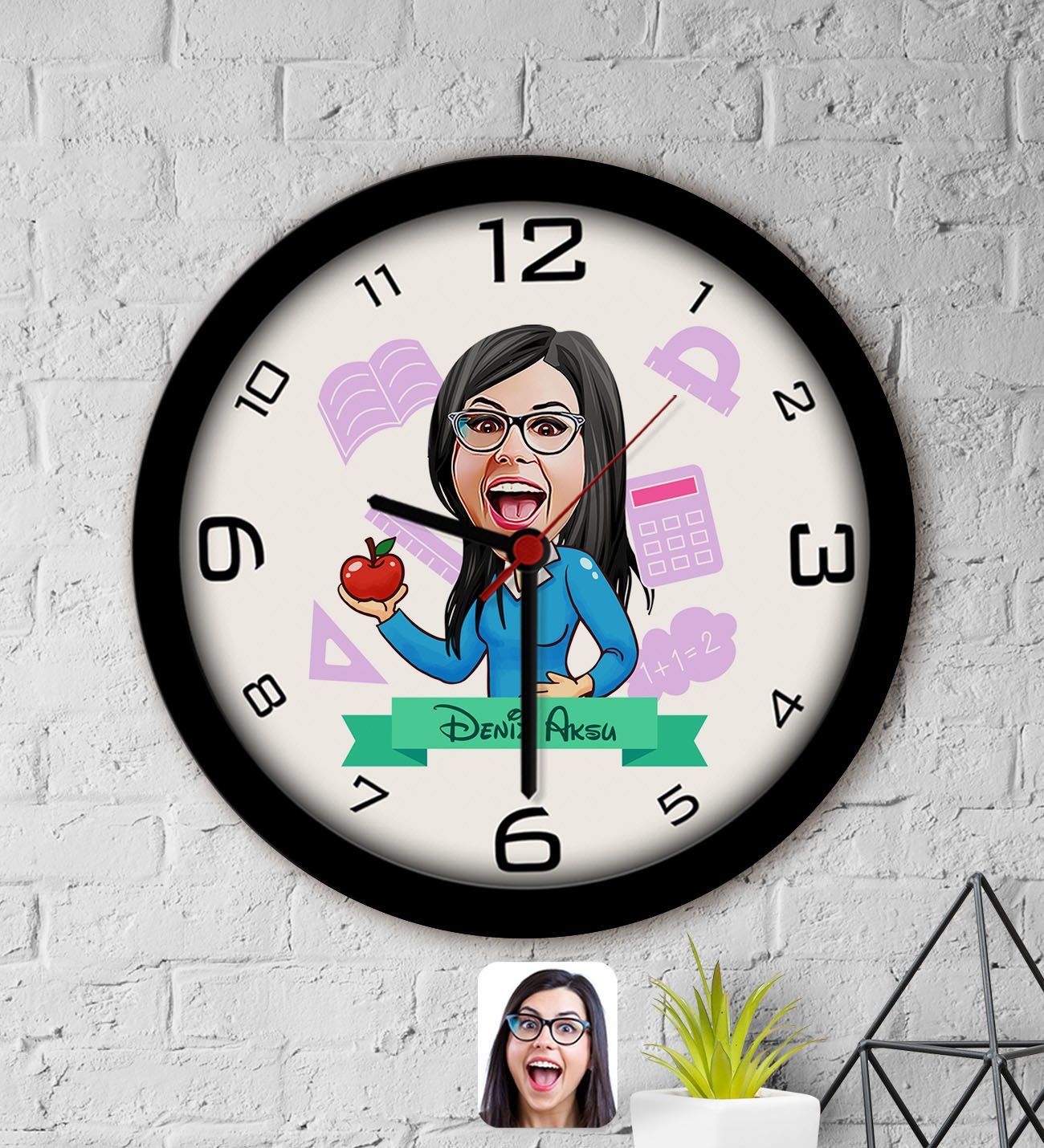 BK Gift Kişiye Özel Öğretmen Karikatürlü Ahşap Duvar Saati-5