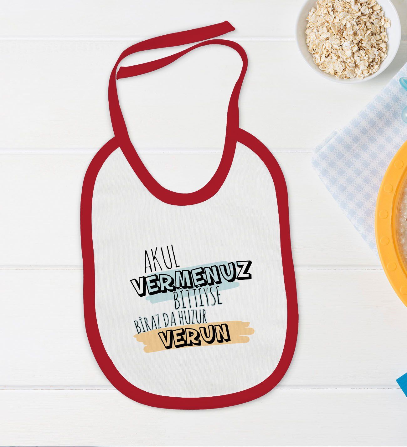 BK Kids Akul Vermenuz Bittiyse Tasarımlı Kırmızı Bebek Body Zıbın ve Mama Önlüğü Hediye Seti-1