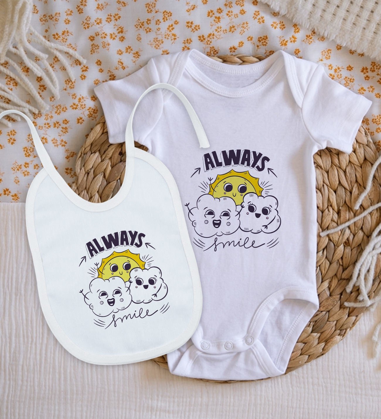 BK Kids Always Smile Tasarımlı Bebek Body Zıbın ve Mama Önlüğü Hediye Seti - Model 1