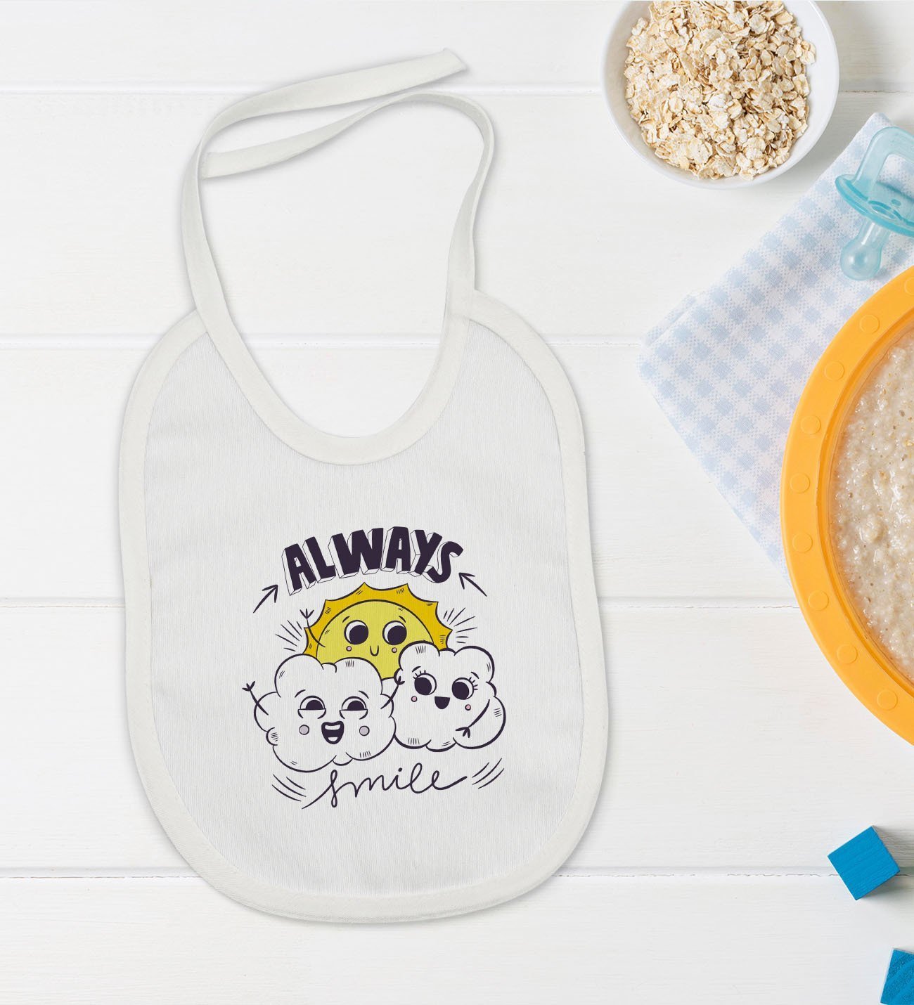 BK Kids Always Smile Tasarımlı Bebek Body Zıbın ve Mama Önlüğü Hediye Seti - Model 1