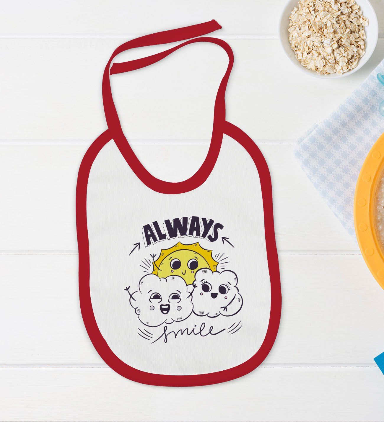 BK Kids Always Smile Tasarımlı Kırmızı Bebek Body Zıbın ve Mama Önlüğü Hediye Seti-1