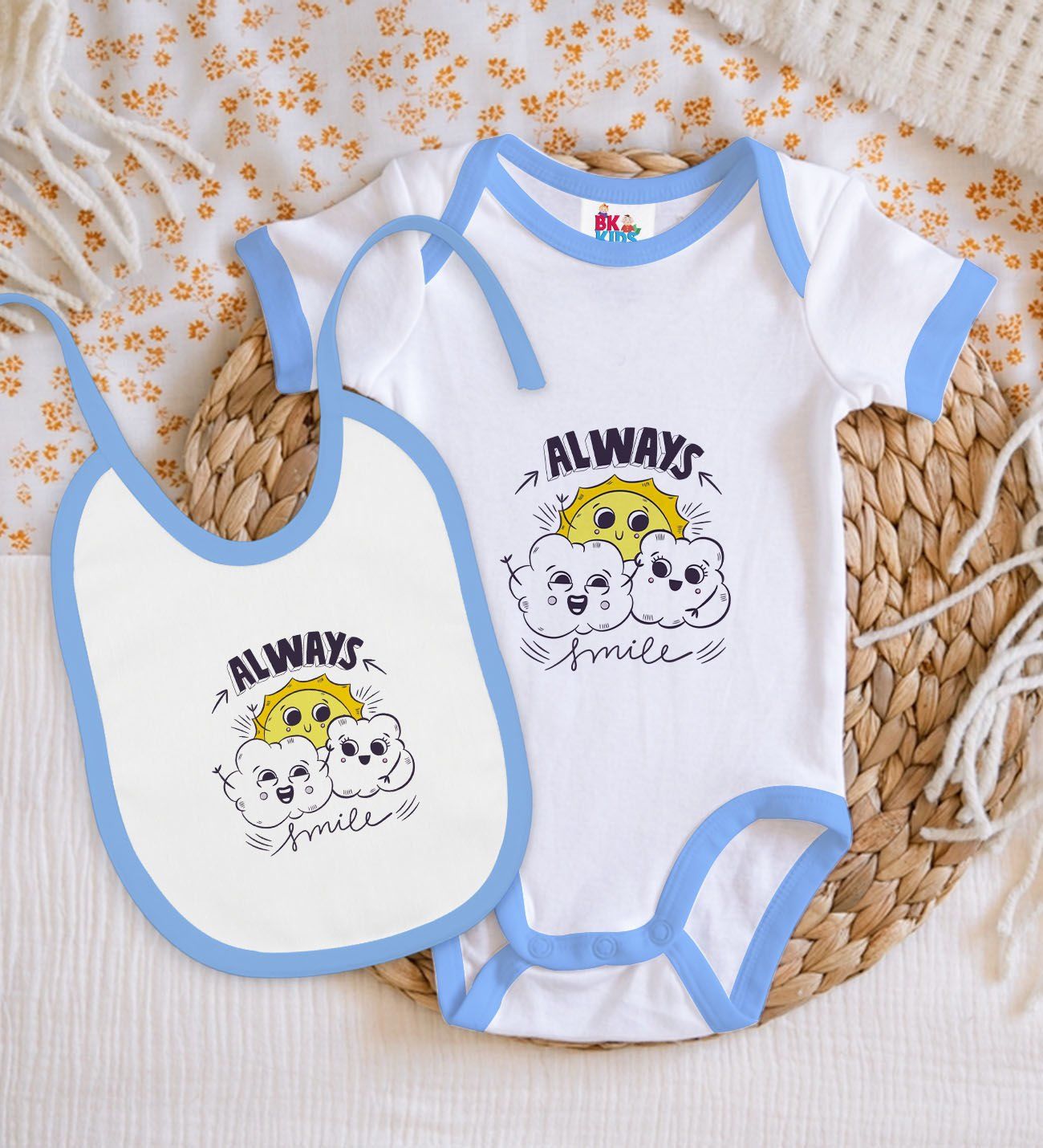 BK Kids Always Smile Tasarımlı Mavi Bebek Body Zıbın ve Mama Önlüğü Hediye Seti-1