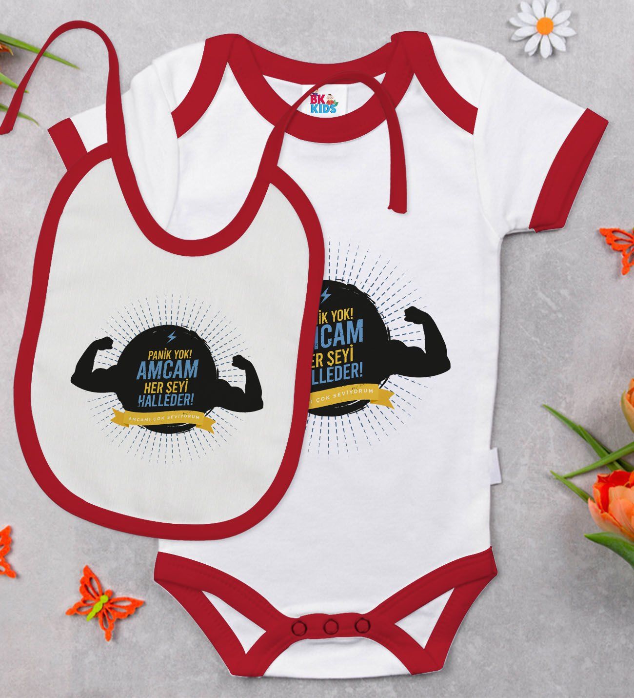 BK Kids Amcam Her Şeyi Halleder Tasarımlı Kırmızı Bebek Body Zıbın ve Mama Önlüğü Hediye Seti-1