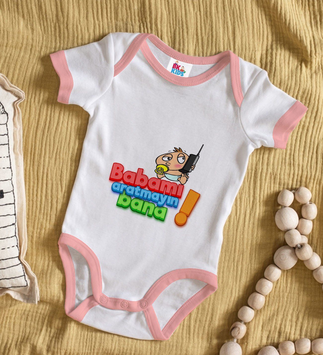 BK Kids Babamı Aratmayın Bana Tasarımlı Pembe Bebek Body Zıbın-1