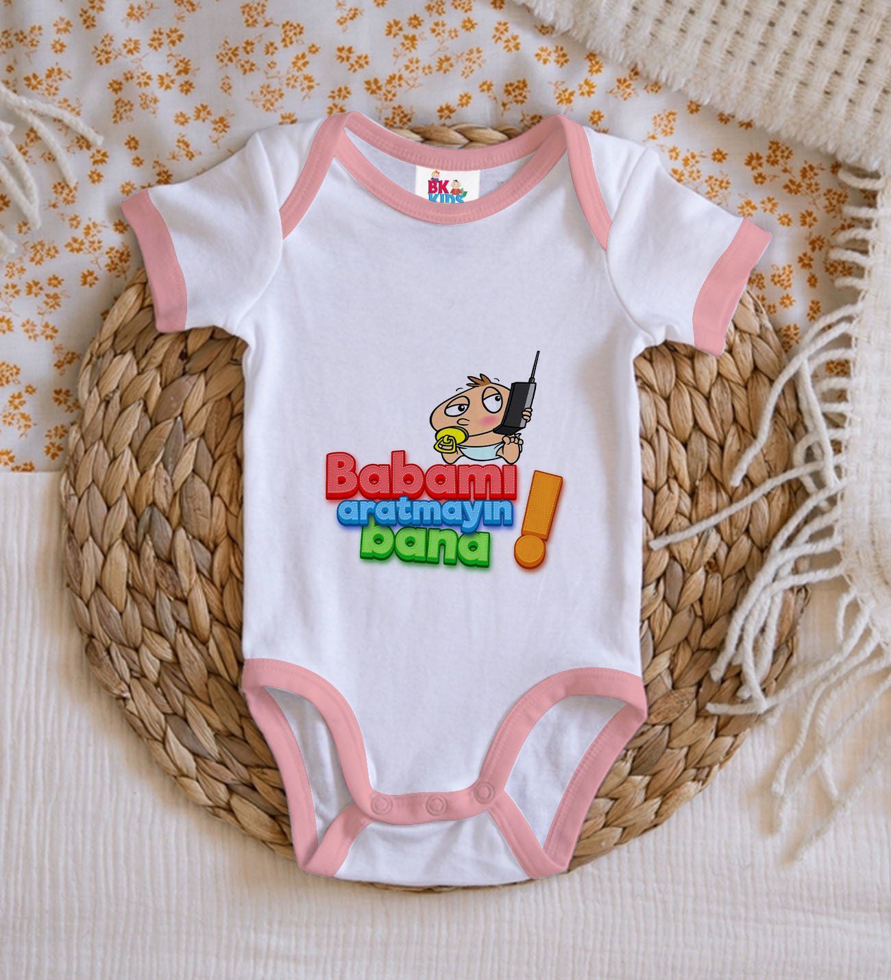 BK Kids Babamı Aratmayın Bana Tasarımlı Pembe Bebek Body Zıbın-1